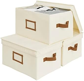 StorageWorks Decorative Storage Baskets for Shelves, Closet Storage Bins with Lids and PU Handles, Hand Wash, Canvas, Ivory White, Large, 3-Pack
