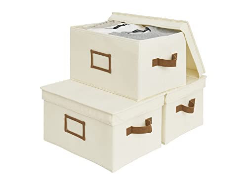 Image of StorageWorks Storage Bins with Lids, Decorative Baskets for Shelves, Closet Boxes with PU Handles, Hand Wash, Canvas, Ivory White, Large, 3-Pack