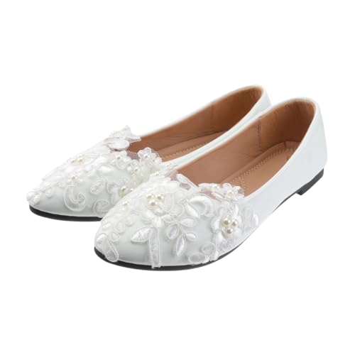 Healvian 1paire Chaussures De Mariage Plates pour Femmes Dentelle Et Perles Ballerines Blanches Élégantes pour Cérémonies Et Vie Quotidienne