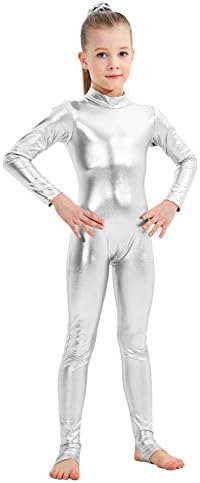 YgneeDom Girls Shiny Metallic Long Sleeve Unitard Spandex One Piece Wet Look Kid Bodysuit (Silver, M)