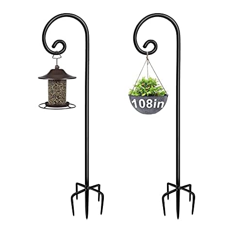Artigarden Outdoor Shepherd Hooks 108 inch Tall for Bird Feeder (2 Packs), Adjustable Metal Garden Poles for Hanging Plants Solar Light Lantern, Bright Black Cover