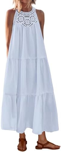 BTFBM Summer Halter Dresses for Women 2025 Casual Spring Hollow Out Sleeveless Boho Sundresses Beach Vacation Maxi Dress