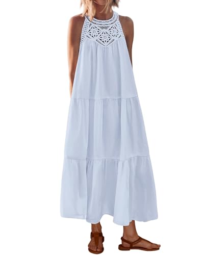 Image of BTFBM Halter Summer Dresses for Women 2026 Casual Spring Hollow Out Sleeveless Boho Sundresses Beach Vacation Maxi Dress