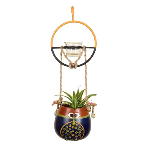 Image of AAKRITI ART CREATIONS Terracotta Hanging Planter with Metal Bird Feeder | Blue & Brown Earthen Design, Modern Art, Matte Finish | Decorative Hanging Pot for Indoor & Outdoor Home Decor