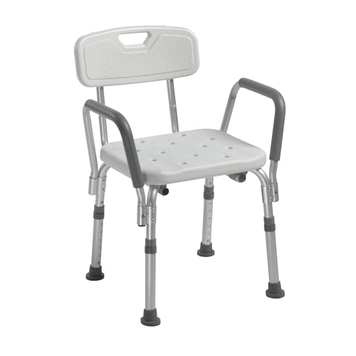 Drive Medical Shower Chair with Back & Padded Arms - Adjustable Height Bath Seat for Safety & Comfort - Lightweight Aluminum Construction- 350 Lb Capacity - White