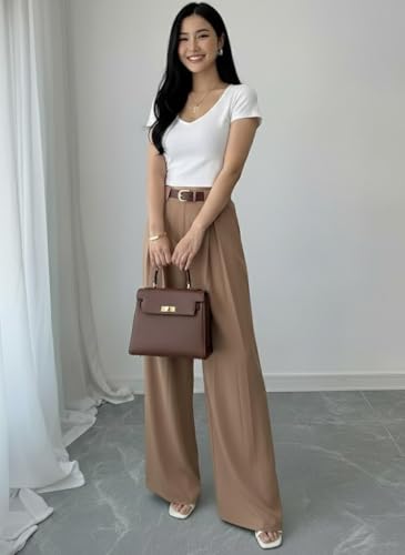 Image of SMOWKLY Women's Korean Style Loose Fit Wide Leg Trousers | Cotton Blend Pleated Palazzo Pants with Elastic Back Waist | High Waist Office & Casual Wear | Stretchable & Breathable