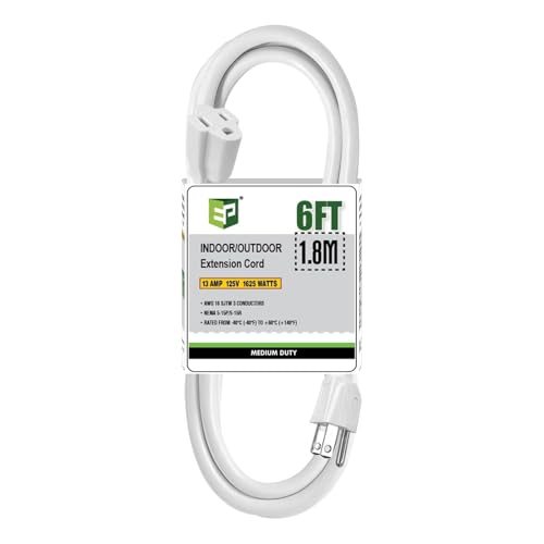 EP 6FT Outdoor Extension Cord 16/3 SJTW Heavy Duty White ETL Listed