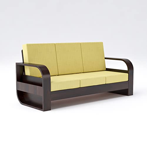Image of Douceur Furnitures Solid Sheesham Wood 3 Seater Sofas | Three Seater Sofa for Living Room, Cafe, Office | (Walnut Cushion Lime Yellow)