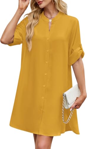 PerZeal Womens Sexy V Neck Button Down Shirt Dresses Summer Short Sleeve Casual Loose Blouses & Button-Down Shifts Cover Ups