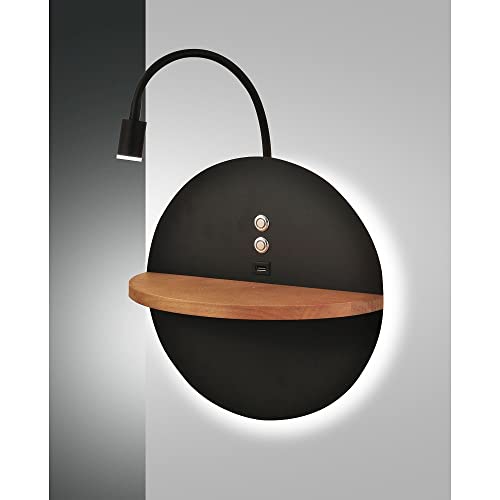 Aplique de pared LED negro para leer en la cama con luz cálida de madera de roble