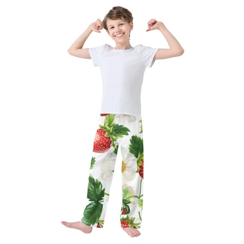 ZZXXB Strawberry with Flowers Boys Long Pants Soft Trousers Elastic Waist Kids Lounge Bottoms with Pockets S-XL3