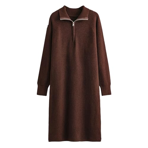 Generisch Damen Strickkleid Polo Kragen Langarm Kleid Mit Reißverschluss Pullover Midi Unifarben Herbst Winter