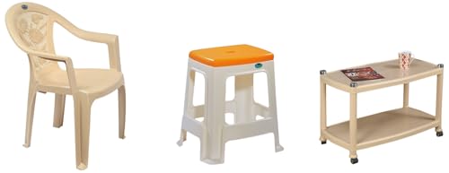 Image of Nilkamal Mid Back Chair with Arm (Marble Beige, Set of 2), Strong & Durable Stool (Cream & Yellow, Set of 2) & Contemporary Center Trolley Coffee Table
