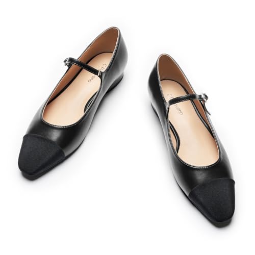 C.Paravano Women's Mary Jane Flats | Almond Toe Ballet Flats | Daily Wear Shoes with Adjustable Strap | Dress Shoes for Work(Size 11.5,a-Black)