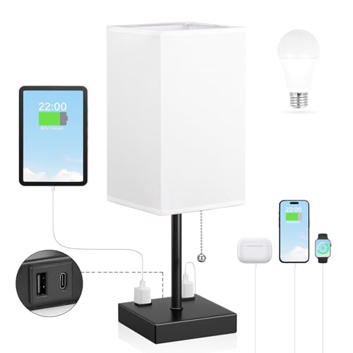 Image of Bedside Lamp for Bedroom - 3 Color Temperatures, USB A+C, 2 AC Outlets | Pull Chain Switch, LED Bulb Included, White Fabric Shade, 17.4 inch Table Lamp for Nightstand, Desk, Living Room, Office