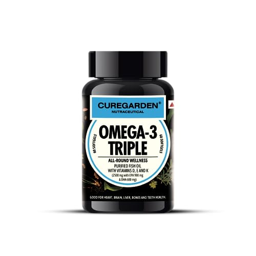 Image of Curegarden Omega-3 Fish Oil Capsules 2500mg - Triple Strength with 900mg EPA, 600mg DHA - Vitamin D, E & K - Heart, Brain Health - Boost Immunity, Metabolism & Bone Health - 60 Softgels