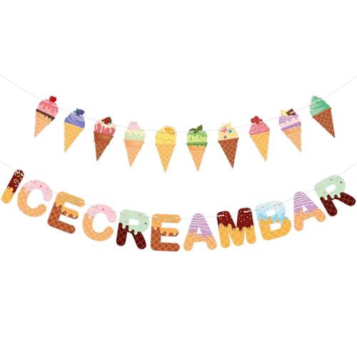 Image of Hooqict Ice Cream Party Banner Sign Ice Cream Party Garland Decorations for Kids Boys Girls Summer Sweet Themed Birthday Party Decorations Supplies