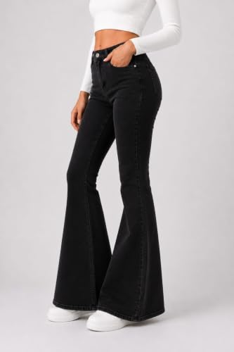 Image of Women's High Waist Bell Bottom Jeans | Flared Wide Leg Stretchable Denim Pants | Stylish Casual, Party & Everyday Wear | Denim Pant Suits | Bootcut Fit Design