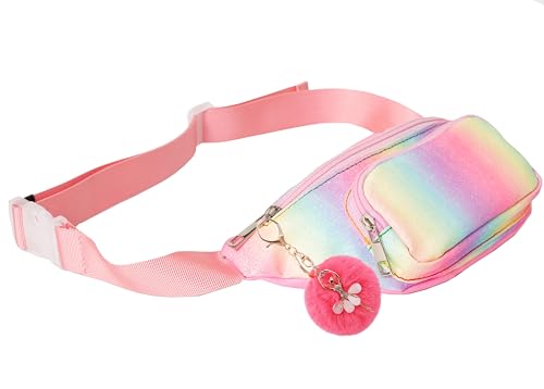 Image of Shiny Fashion Cute Kids Fanny Pack Girls Two Pockets Hands-free Lightweight Small Belt Bags for Holiday Festival Party Trip Glitter Pink