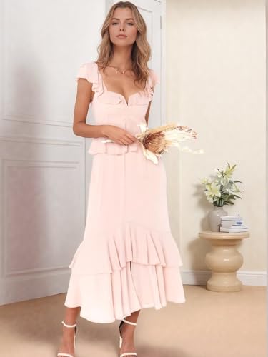 Women’s Flutter Sleeve Bridesmaid Dresses for Wedding Tea Length Tiered Ruffles Chiffon A Line Formal Dress with Slit3