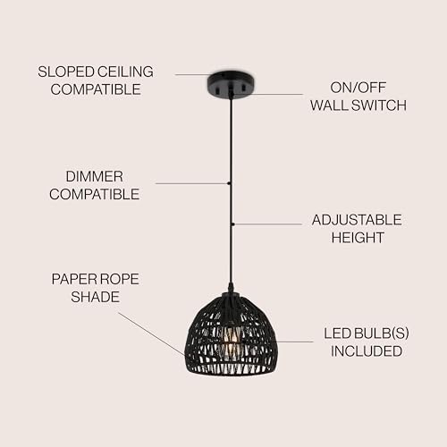 Image of JONATHAN Y 8.25 inch Black Modern Bohemian Woven Rope LED Pendant Light Fixture, Adjustable Dome Ceiling Lamp for Kitchen Island, Rope Shade, Coastal Farmhouse Decor (JYL6512B)