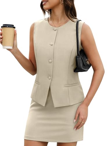 Two Piece Blazer Outfits for Women Summer Vest Suits Set Skirt with Shorts Skort Button Down Business Dressy Casual Wear Beige XL