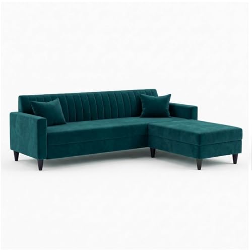Image of FURNY Avvono 4 Seater L Shape Sofa Set with Movable Ottoman | Flexible Left or Right Layout | Plush Velvet Fabric (Greenish Teal) | Perfect for Living Room, Guest Room & Office