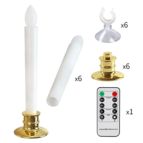 Image of 6 Pack Flameless Taper Candles with Remote /Timer & Suction Cup, Battery Operated Flickering LED Window Candles, Vintage Christmas Electric Fake Candlesticks, Golden Holder
