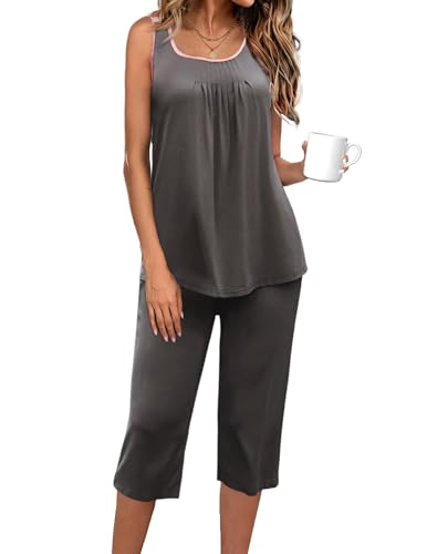 Image of Ekouaer Capri Pajama Sets for Women 2 Piece Soft Cute Pjs Round Neck Sleeveless Lounge Set for Summer Sleepwear S-XXXL