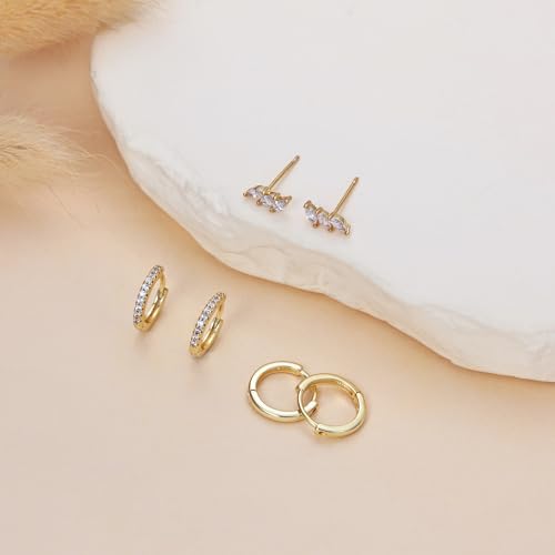 Image of Freekiss 3 Pairs Gold Hoop Earrings Set: Dainty Stud Earrings Trendy Small 14K Gold Plated Hypoallergenic Dangle Cartilage Huggie Hoop Earrings for Women Gold Jewelry for Women Gifts