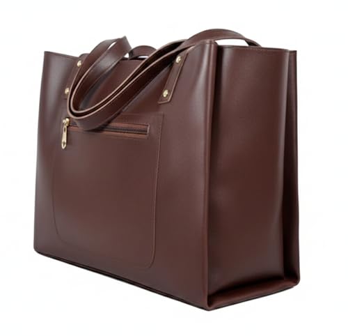 Image of tote bag for women office use - Brown Vegan Leather Tote Bag for Work-Office, Laptop 15-inch Fully Embossed Shoulder Handbag Stylish & Durable