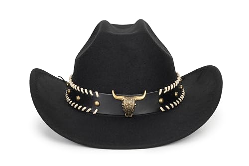 Western-Cowboy-Hats for Women Men - Classic Wide Brim Felt Fedora Unisex Upturn Bull Head Cowgirl Caps with Buckle Belt