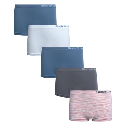 Reebok Girls Boyshorts Underwear - 5 Pack Soft Breathable Panties Boy Shorts Seamless Underwear for Girls (Sizes: 6-16) Size 8-10 Steel Grey/Faded Denim/White/White Spacedye