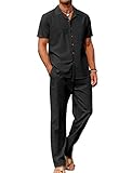 COOFANDY Mens Coordinated Outfit  2 Piece Linen  Beach Button Down Shirt Casual Loose Pant Sets, Black, Medium