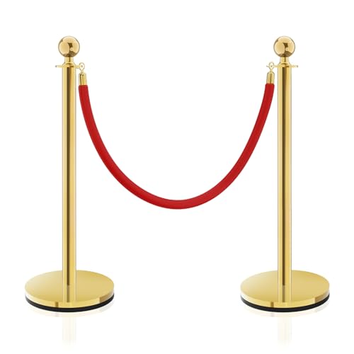 Gold Stanchions, Red Carpet Ropes and Poles, Stainless Steel Barriers for Party, Museums, Wedding, Easy Connect Assembly, 2PCS