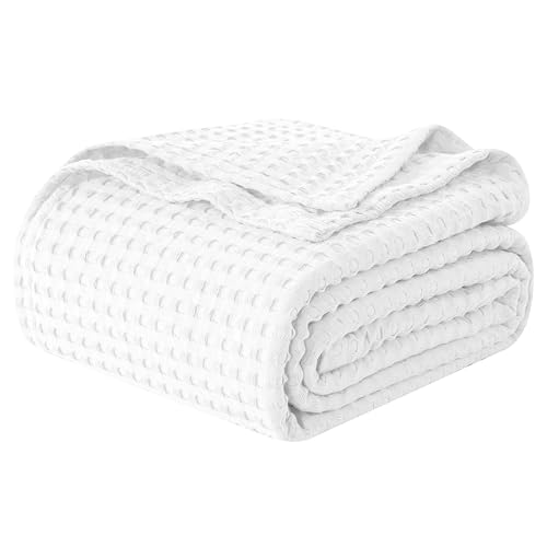 Image of Elegant Comfort Premium 100% Cotton Waffle Blanket - Lightweight Breathable Waffle Weave Bed Blanket - Soft and Warm All Season Blanket for Couch, Sofa and Bed, Queen Size 90x90 Inches, White