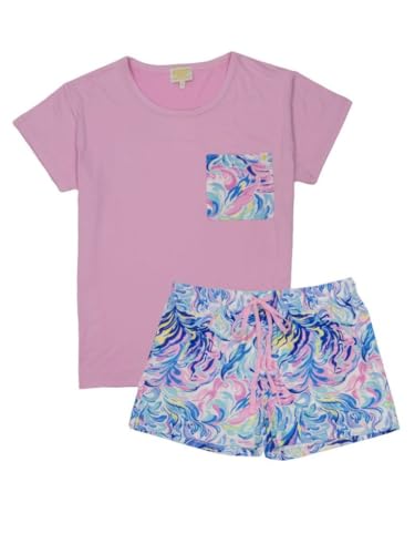 Simply Southern Women's Printed Pocket T-Shirt and Shorts Pajama Set, 5 Patterns - Ribbon, Reef, Watercolor, Oyster, Whale (US, Alpha, Large, Regular, Regular, Watercolor)