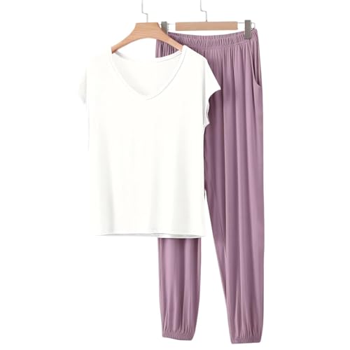 Image of HGps8w Women's Modal Soft Summer Pajamas Sets, Loose V Neck Short Sleeve Top Joggers Pants Matching 2 Piece Lounge Outfits