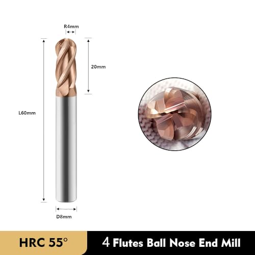 Image of Carbide Ball Nose End Mills-4 Flute TISIN Coated,for Milling Alloy Steels, Hardened Steel, Metal etc.1 Pcs R4x60mm