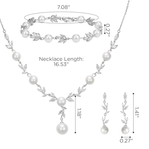 SWEETV Jewelry Set for Bride Women, Cubic Zirconia Pearl Bridal Earrings Necklace Bracelet Set, Bridal Jewelry Set for Wedding Prom4