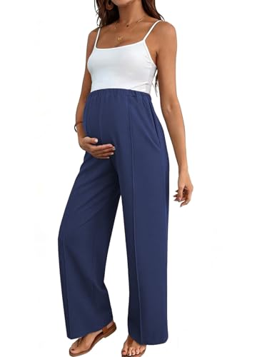 BLENCOT Maternity Pants for Women Stretchy Maternity Clothes Adjustable High Waisted Pregnancy Office Trousers Dressy Work Pants with Pockets Fashion 2026 Blue XL