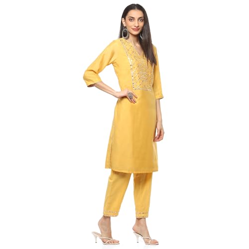 Image of BIBA Women Cotton Straight Embroidered Suit Set