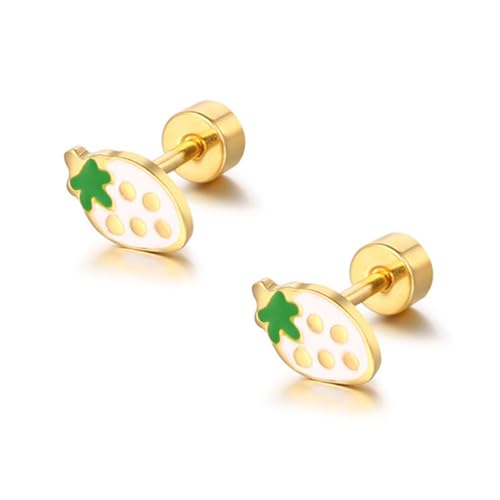 18g Tiny Strawberry Stud Earrings Flat Back for Women Teen Girls 14k Gold Plated Surgical Stainless Steel Hypoallergenic Cute Small Enamel Fruits Cartilage Tragus Screw Back Piercing Sensitive Ear Jewelry - Main Image