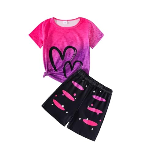 Image of Kids Girl Clothes Tie Dye Heart Print Short Sleeve Top and Shorts Toddler Girl Summer Outfits Short Set