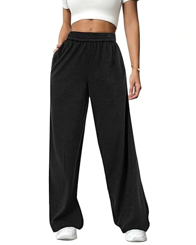 Bsubseach Wide Leg Pants Woman - Terry Cloth Casual Palazzo Pant High Waisted Baggy Lounge Trousers with Pockets Black XXL