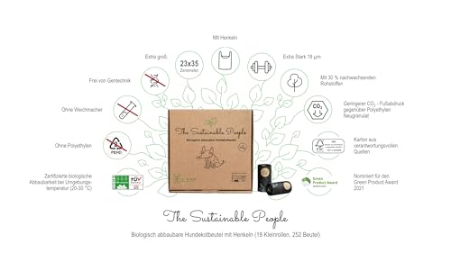TSP Bio-abbaubare Hundekotbeutel mit Henkeln - OK compost HOME zertifiziert - 100% heim-kompostierbar und biologisch abbaubar - Gross & Extra Dick (18µm), (18 Rollen (252 Beutel))