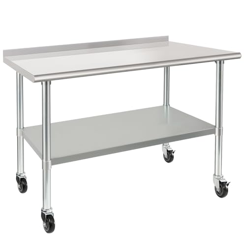 Image of HARDURA Stainless Steel Table 30 x 48 Inches with Wheels Casters NSF Heavy Duty Commercial Prep Table with 2 inch Backsplash and Adjustable Undershelf for Restaurant Kitchen Home and Hotel