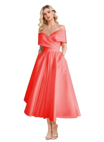 Image of Women's Off Shoulder Wedding Dress for Bride Tea Length A Line Satin Formal Prom Dresses with Pockets