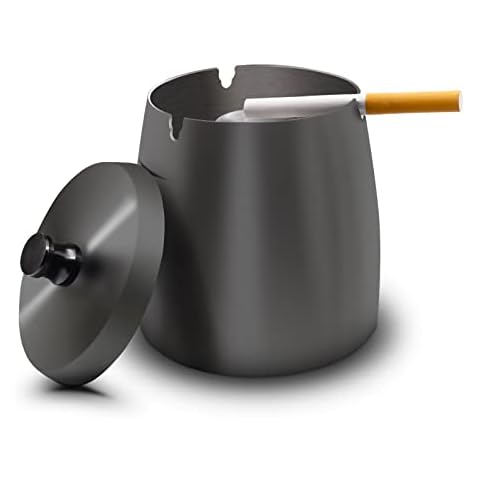 Prounion Stainless Steel Ashtray with Lid, Outdoor Indoor Large XL Ashtray with Lid Smell Proof, Windproof Outside Inside Big Ashtrays for Cigarettes, Metal Ash Trays Holder for Smokers, Black Cover