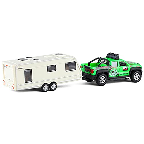 Pickup Truck Trailer Towing Toy Camper 2 In 1 Playset Rv Motorhome Toys For Boys Diecast Model Car Metal Pull Back Toy Cars 1/36 Scale Suv Friction Powered Doors Open Light Sound Kids Gifts, Green #TOP4
